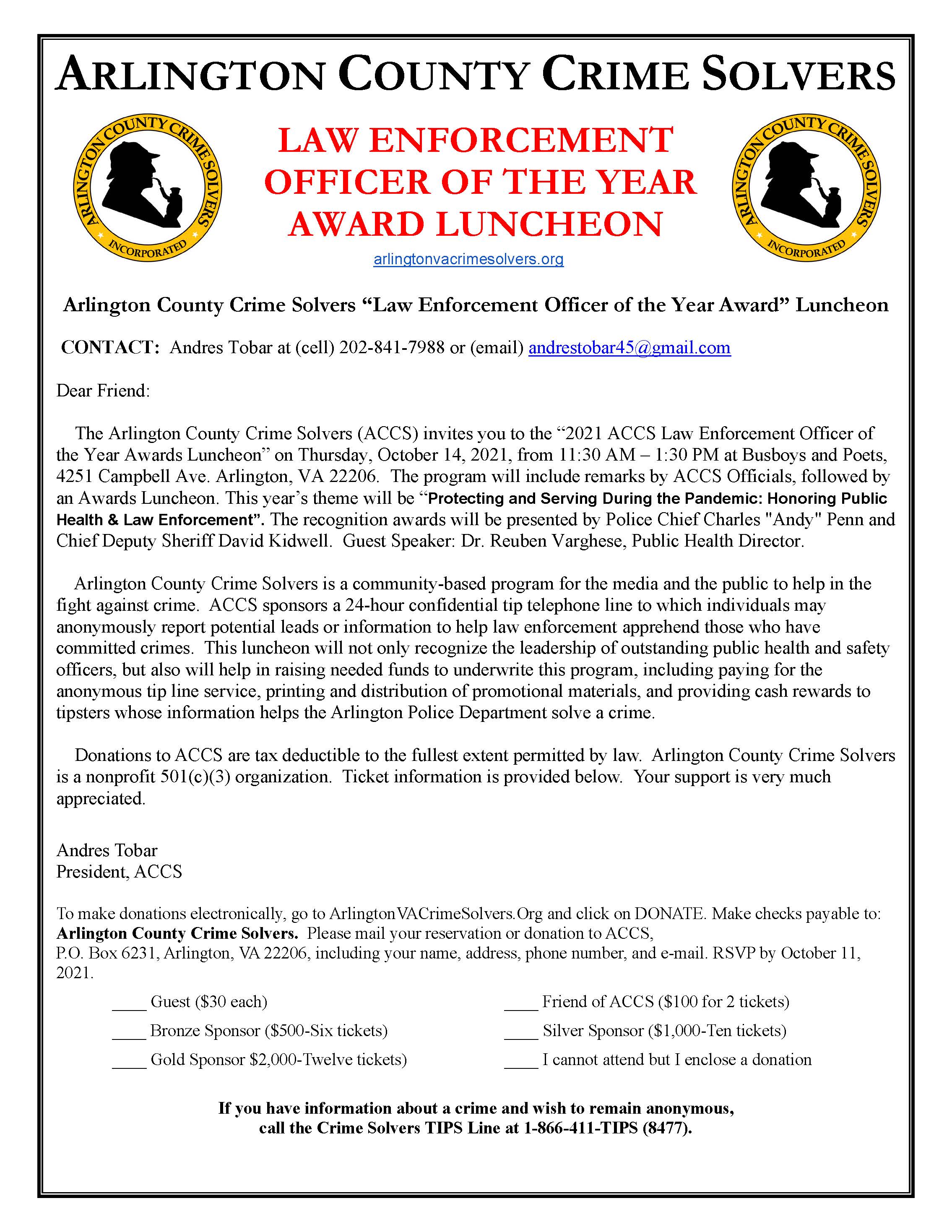 Law Enforcement Officer of the Year Award Luncheon - October 14, 2021